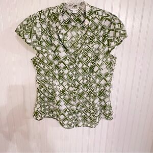 Y2K Banana Republic White and Green Button Down Cap Sleeve Top XL 100% Cotton